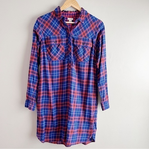 J.Crew Flannel Shirt Dress with‎ Pockets in Red & Blue Plaid, Size XS - Picture 2 of 14